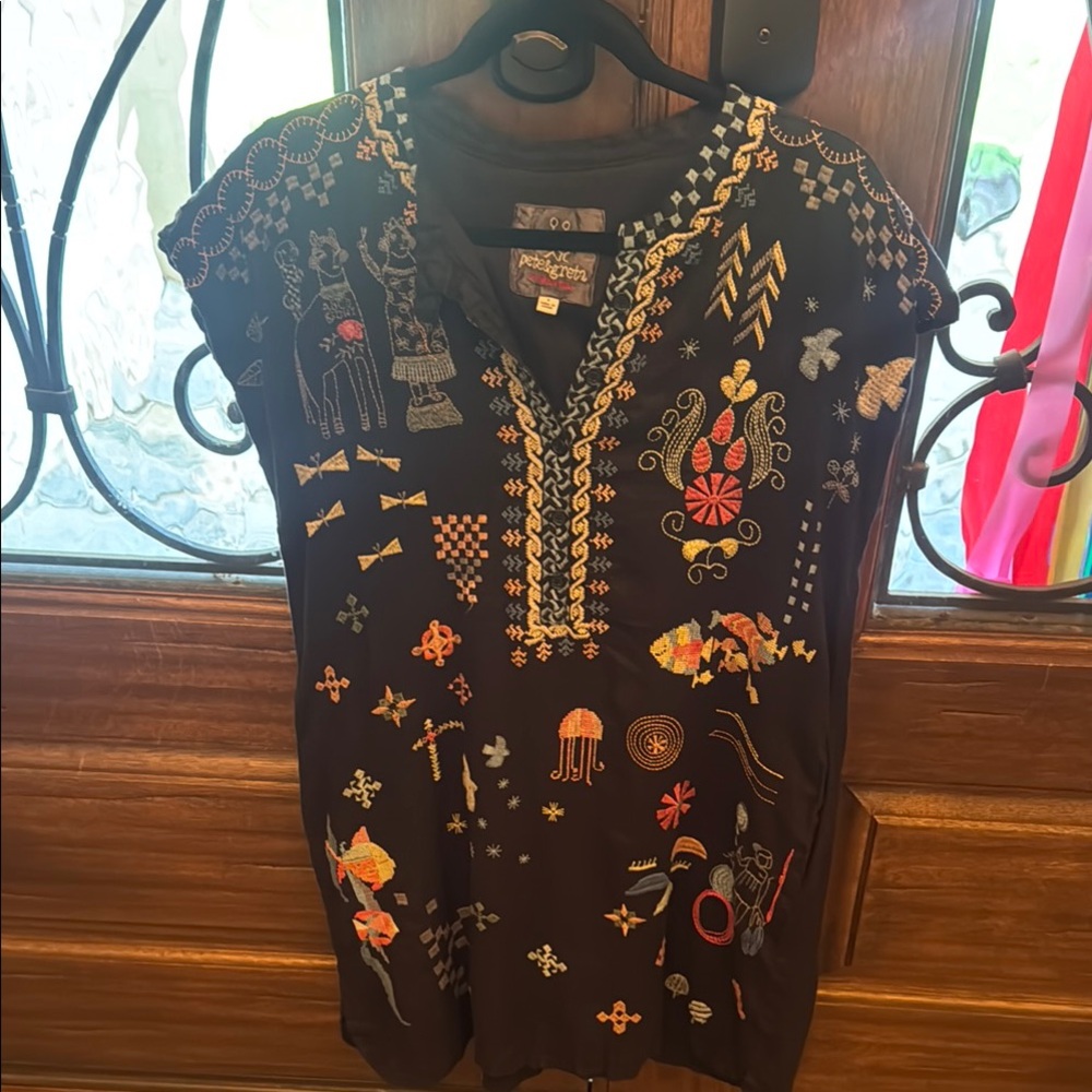 Johnny Was Pete & Greta “Lemona” Black Embroidered Short Sleeve Dress